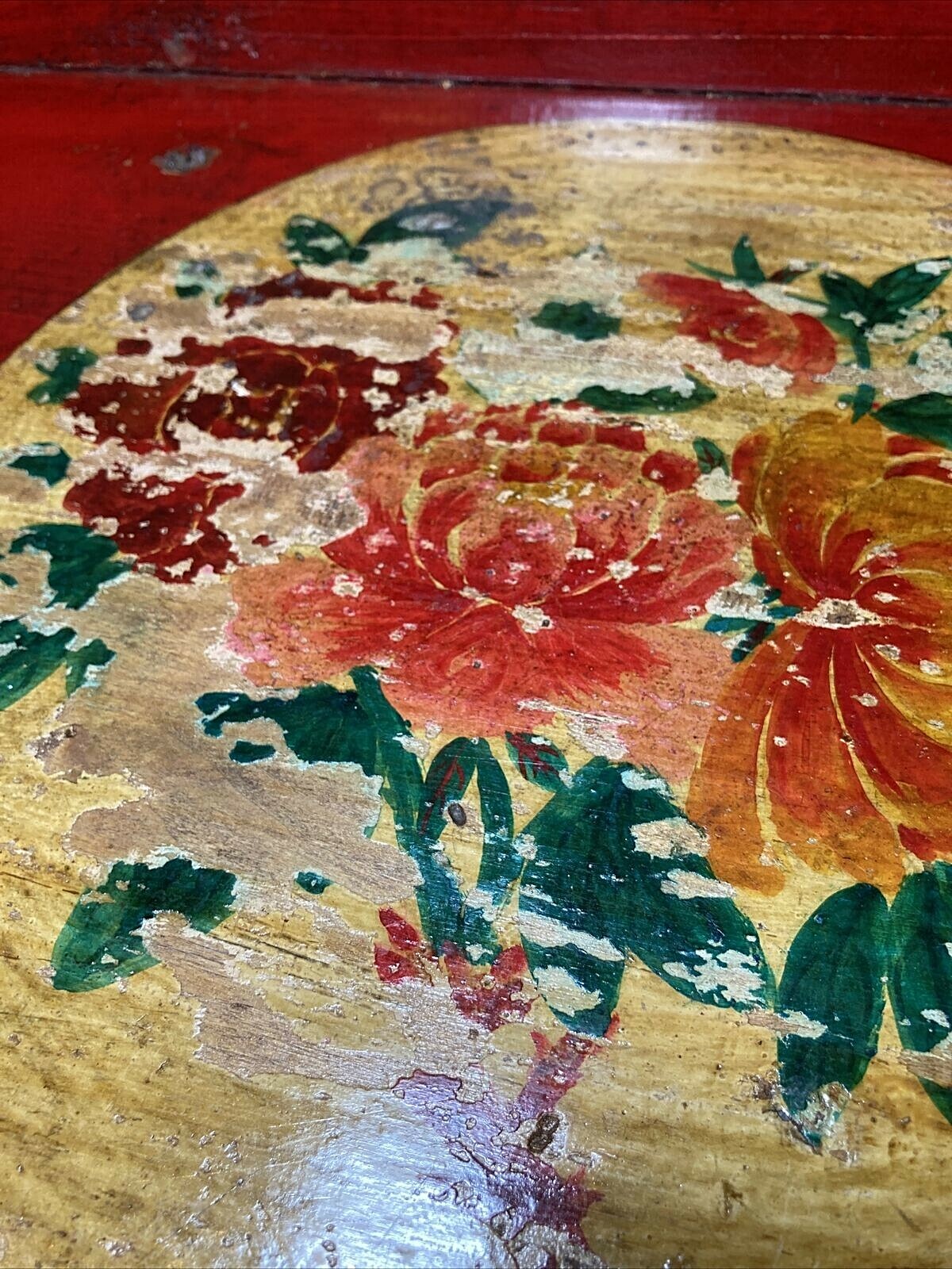 Asian / Chinese antique red green lacquer peony wood serving tray 26”