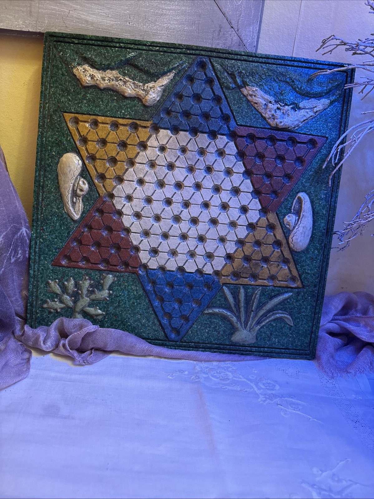 Antique Southwest Chinese Checker Board/ 14” X 14” X 1/2” Heavy /Much Character