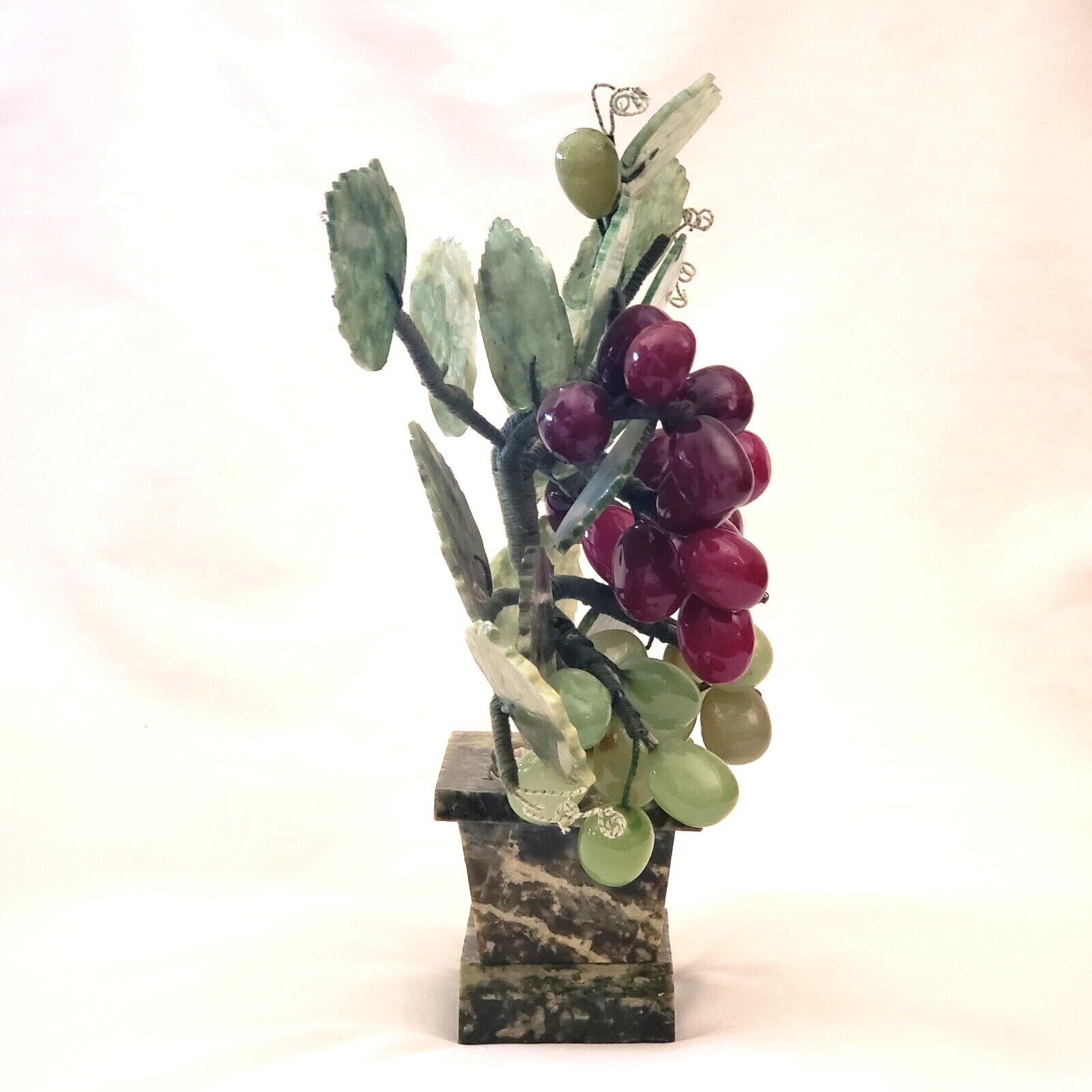 Jade Bonsai Grape Vine Tree Studio Art Carved Stone in Marble Planter 9″ Vintage