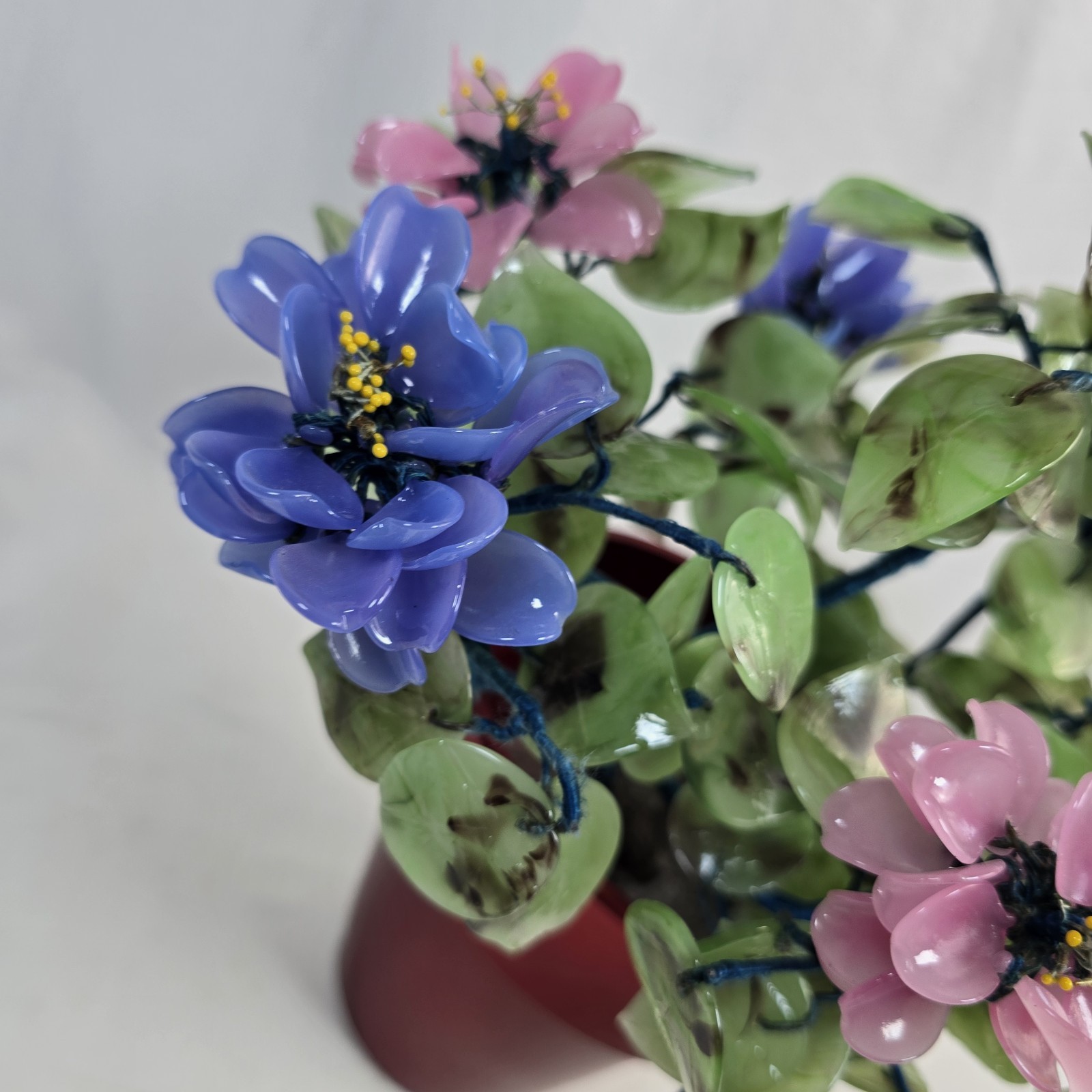 Chinese Jade Glass Bonsai Tree With Flowers and Pot 12 Inch X 11 Inch Approx