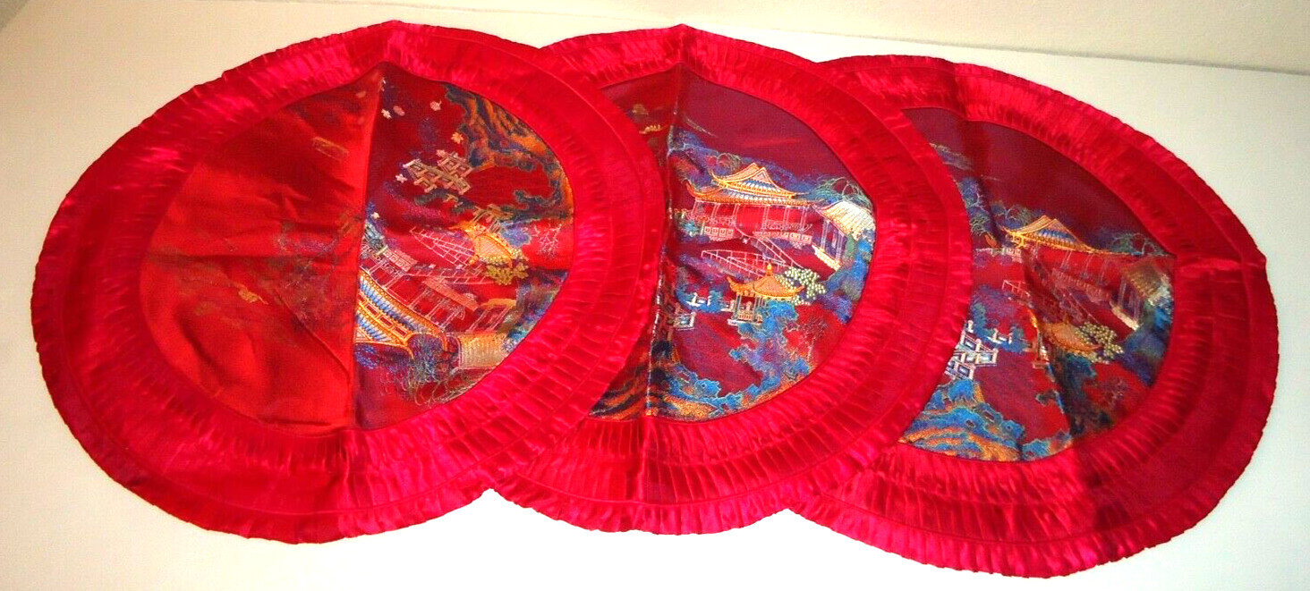 Asian Brocaded Flowers Silk Embroidered Red Round Pillowcases Size-19×19 in