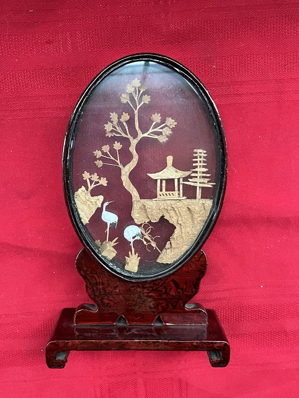 8” CHINESE 3D CARVED CORK ART DIORAMA OVAL GLASS SHOWCASE CRANES PAGODA TREES