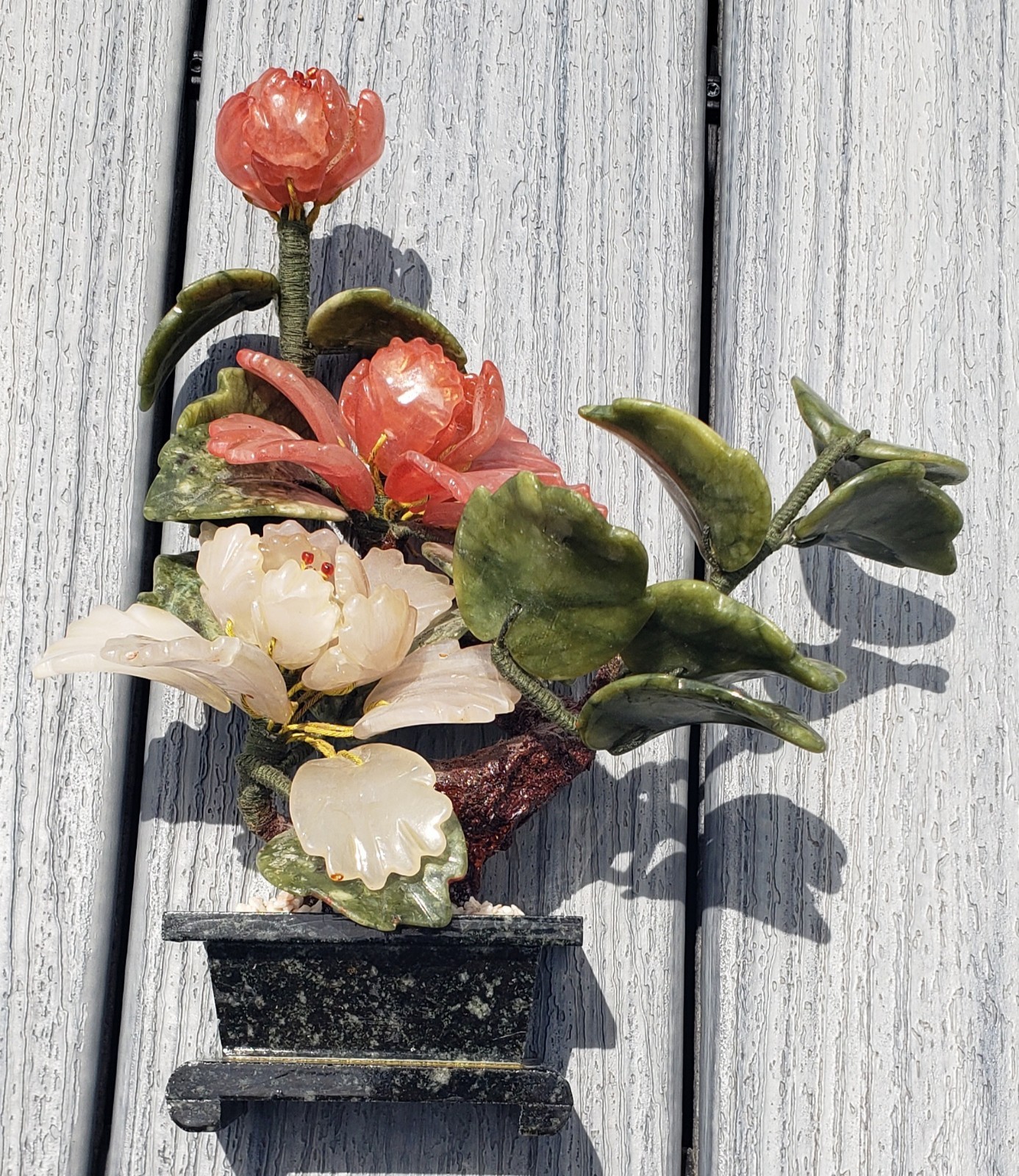 Vintage Stone Chinese Bonsai Tree (Jade Leaves, Pink Quartz Flowers, Jade Base)