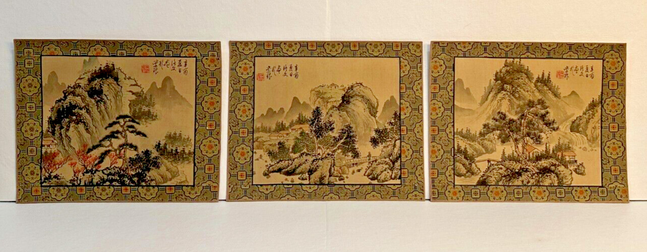 Chinese 3 Hand Painted Silk Watercolor Mountain Paintings Brocade Mount 9″ x 11″