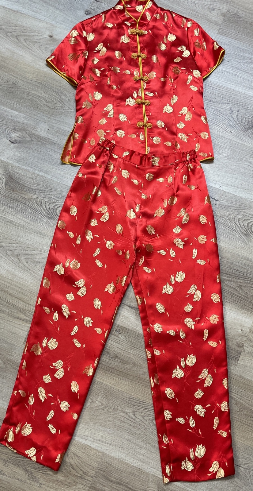 Chinese New Year Red Gold Silk Floral Top Zip Pant Outfit Womens Size M