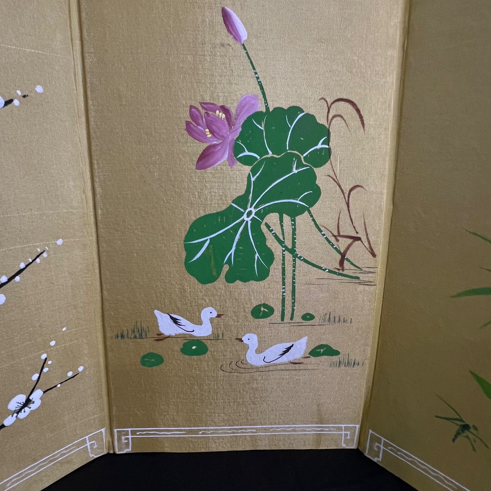 VTG 3 Panel Table Top Folding Screen Painting Blossom Ducks Bamboo China 17.5″L