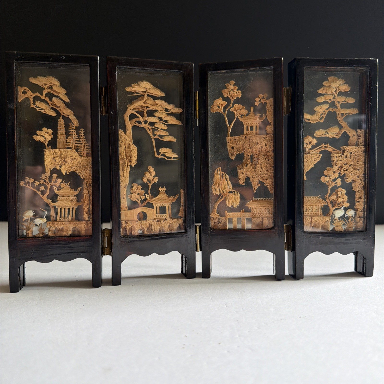Vtg Chinese Cork Art Screen Folding 4 Panel Glass Pagoda Cranes Black Lacquer
