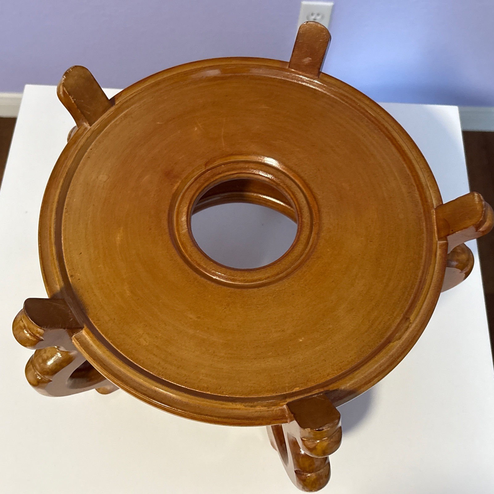 Carved Wood Plant Stand Display Honey Brown Vase Fish Bowl Asian Oriental 10”