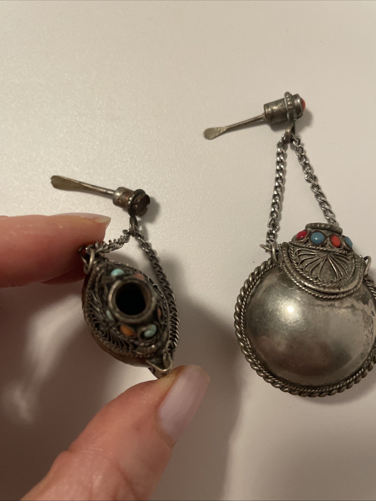 Antique Vintage Snuff Bottle Perfume Stopper Lot Of 2 Sterling With Stones