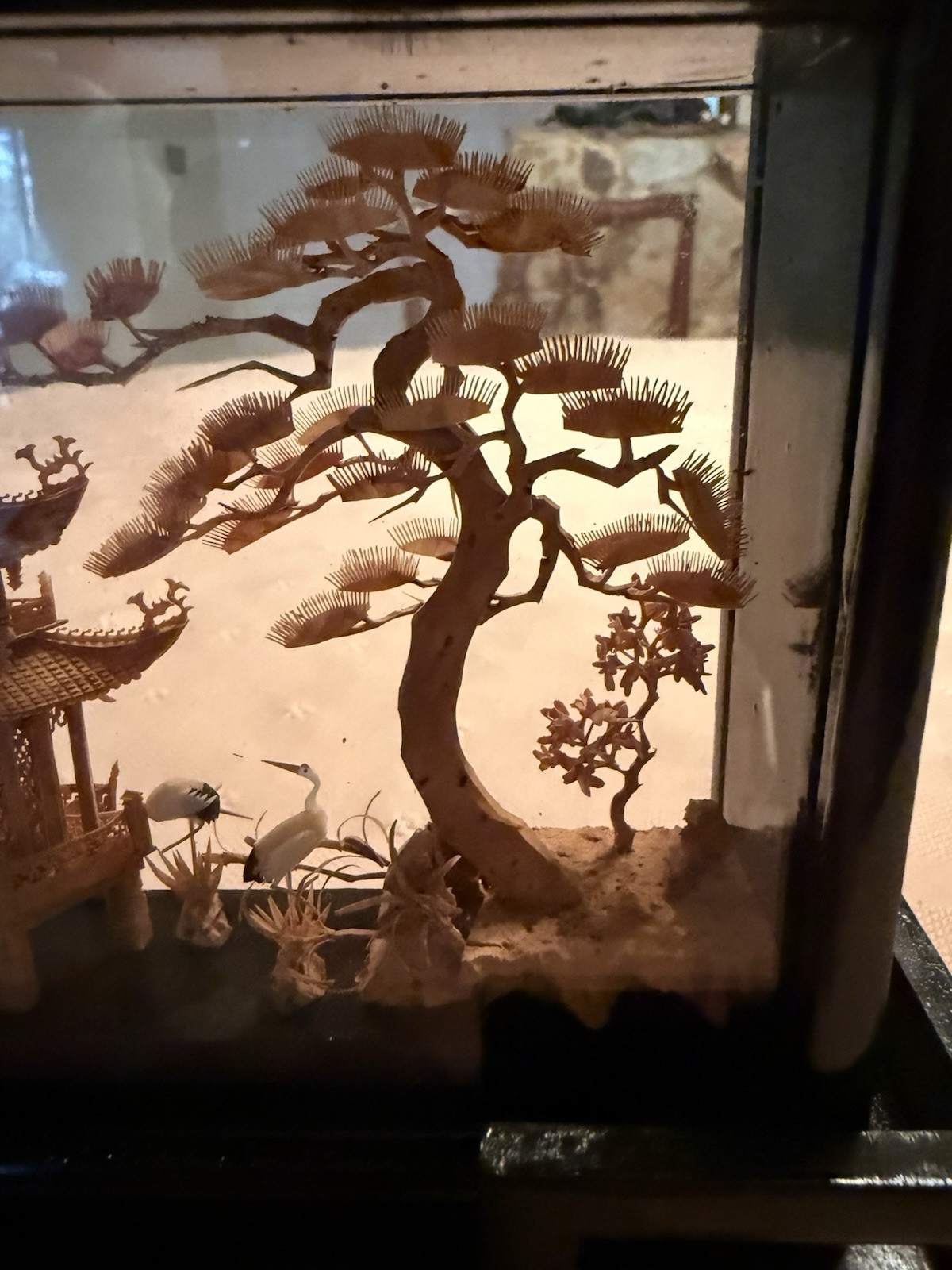 Vintage Chinese San You Cork Art Hand Carved Diorama Pagoda Cranes Trees