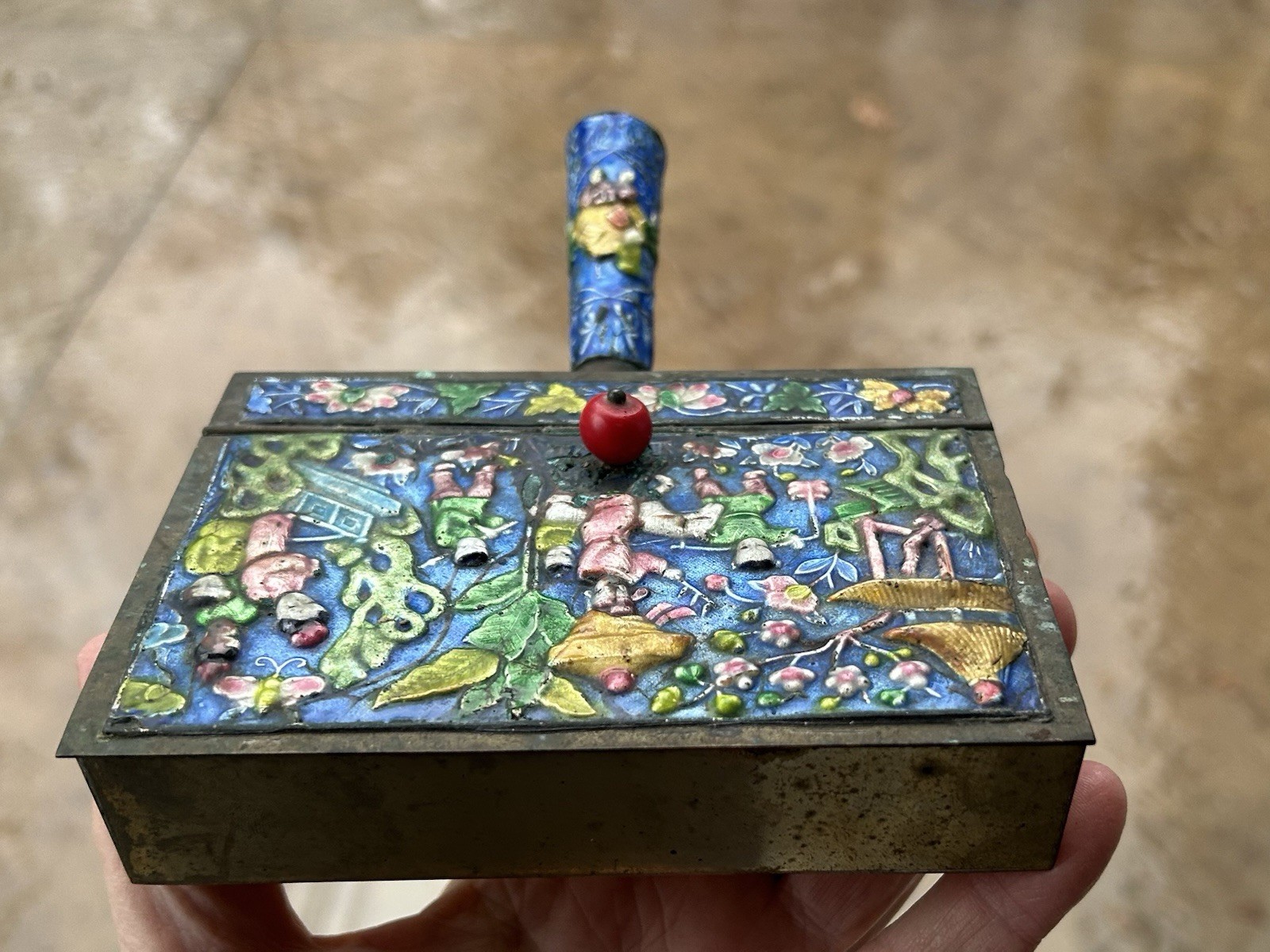 Antique Chinese Enameled Brass Silent Butler, Ashtray, Crumb Catcher sgn China