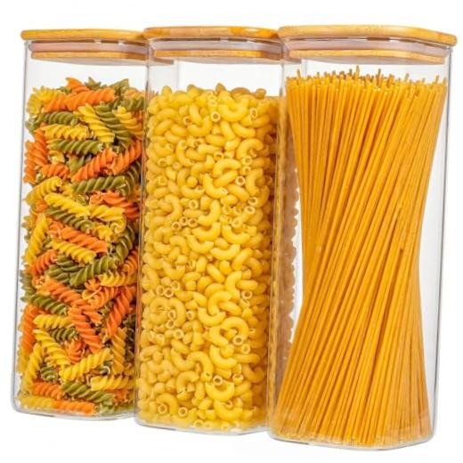 3-Pack 2.2Qt Square Glass Spaghetti Jars with Bamboo Lids | Minimalist 2.2Qt*2