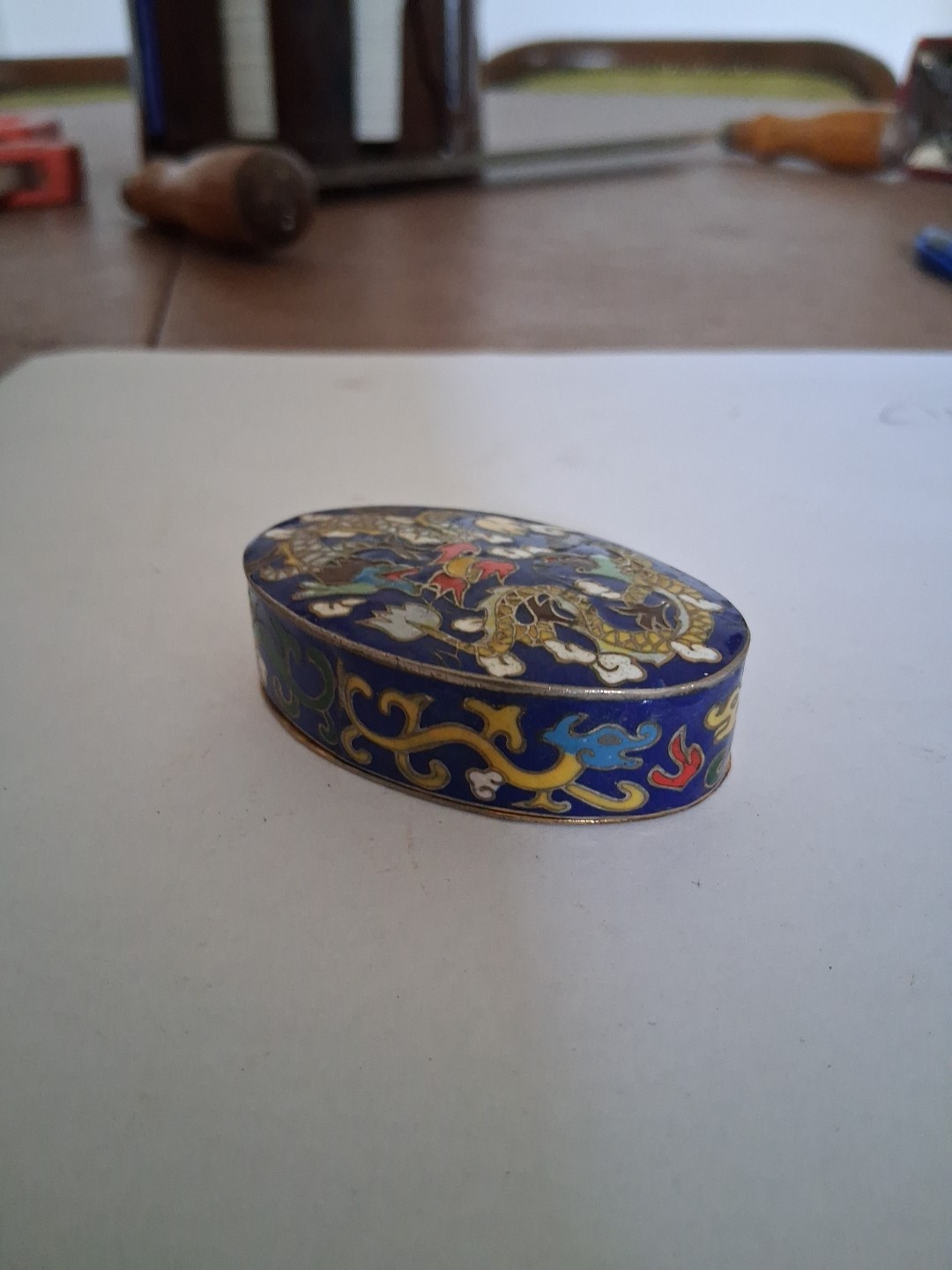 (B3) Cloisonné brass metal trinket decorative box – 2.5″ long Asian design