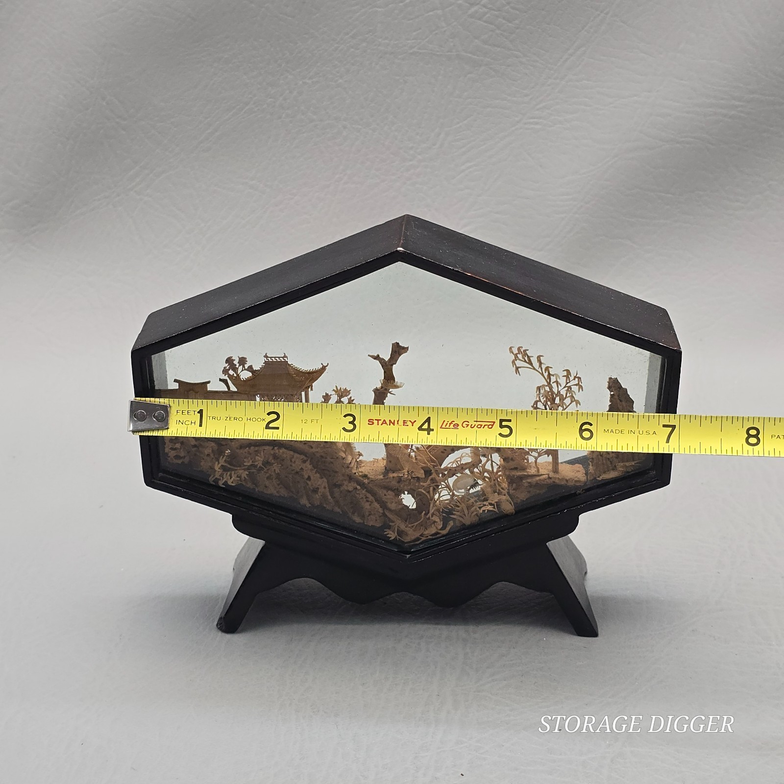 VTG Chinese Hand Carved Cork & Wood Diorama In Hexagon Glass & Wood Display