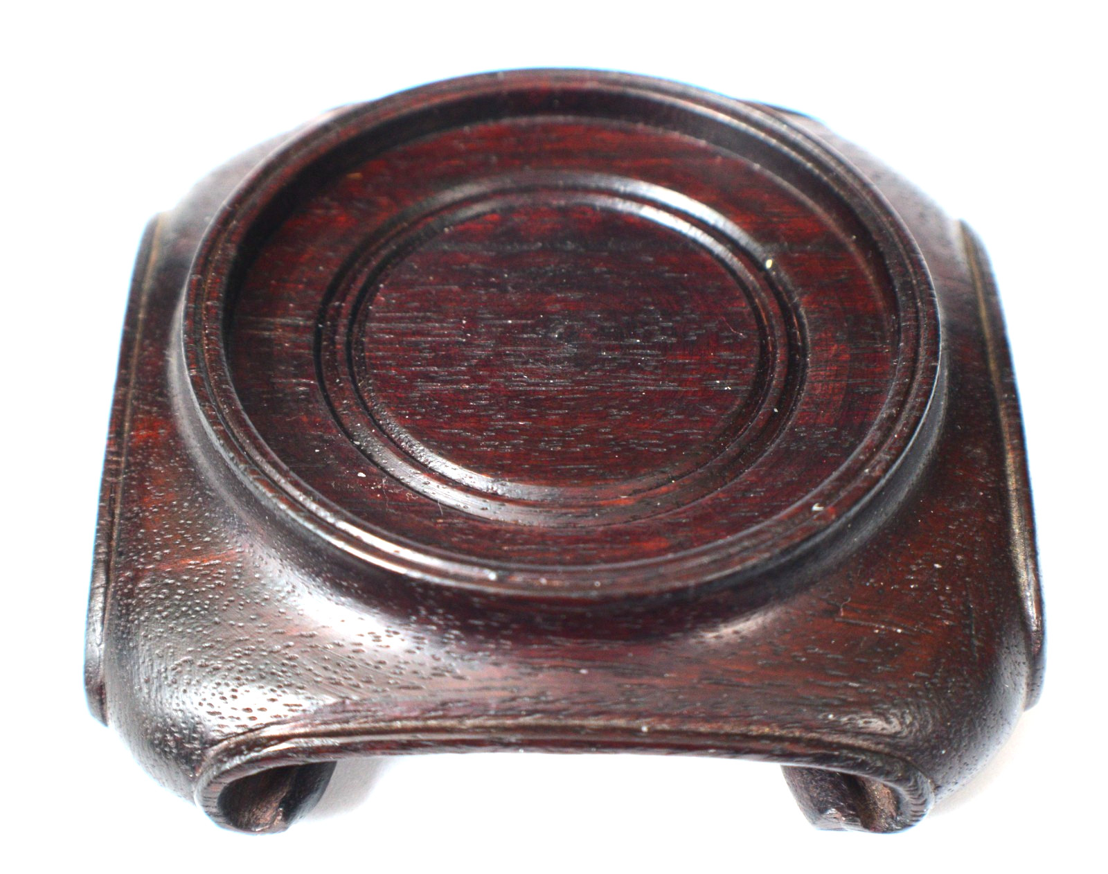 Vintage Chinese Round Brown Wood Stand w/Square Scroll base 2 1/2″ diam top S30