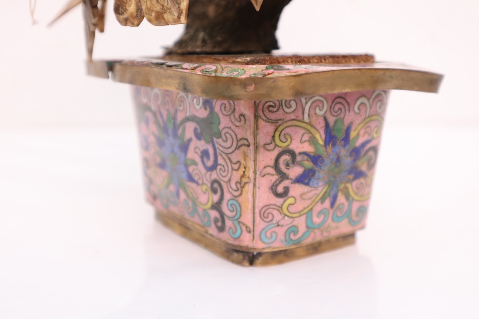 Vintage Cloisonné Potted Jade & Gemstone Flower Tree Decor LARGE 13.5″ Tall