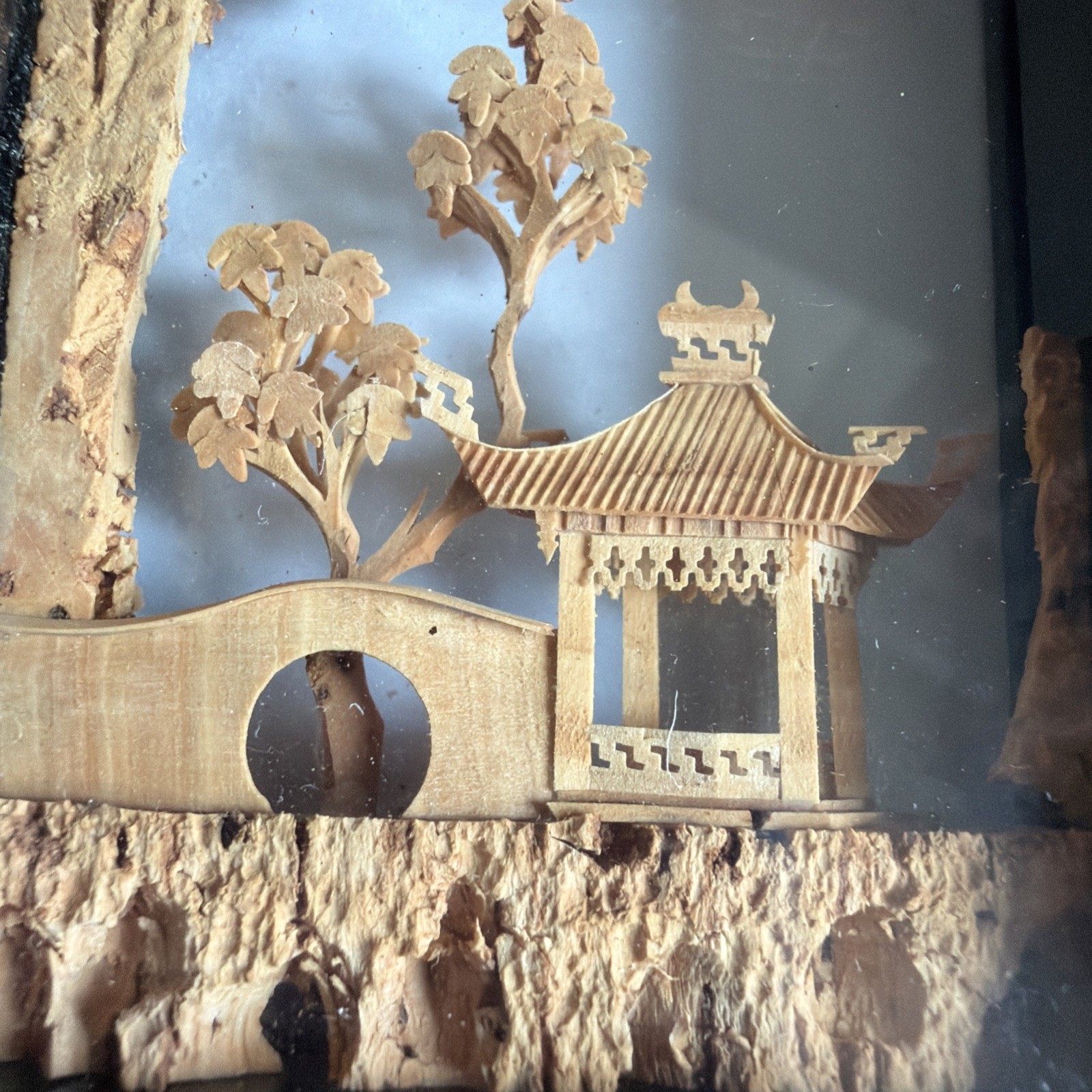 Vtg Chinese Cork Art Screen Folding 4 Panel Glass Pagoda Cranes Black Lacquer