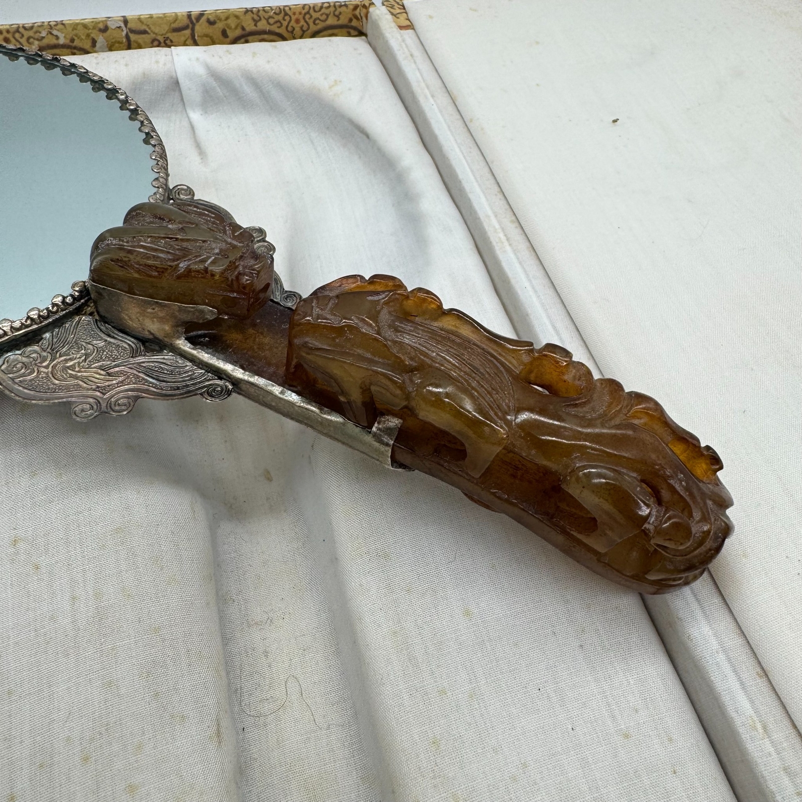 Vintage Chinese Silver & Jade Repousse Dragon Mirror in Original Box