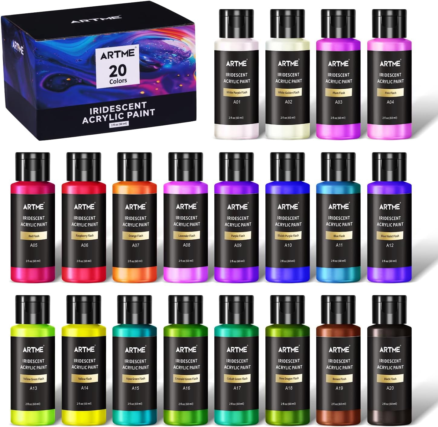 Iridescent Acrylic Paint Set, 20 Chameleon Colors in 2 Oz/60Ml Bottles, Color…