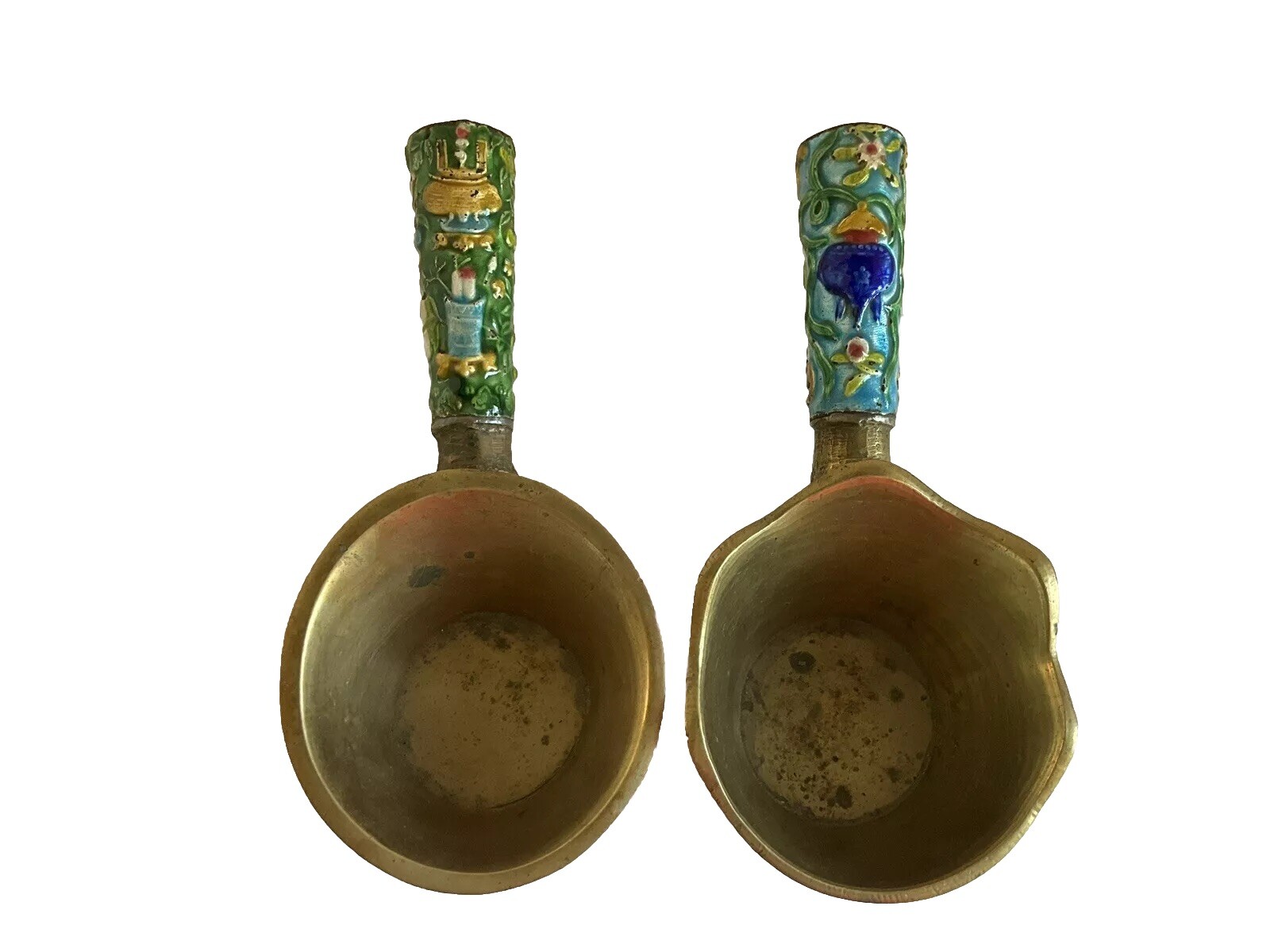 2 Different Vintage Cast Brass & Enamel Chinese Silk Iron Irons