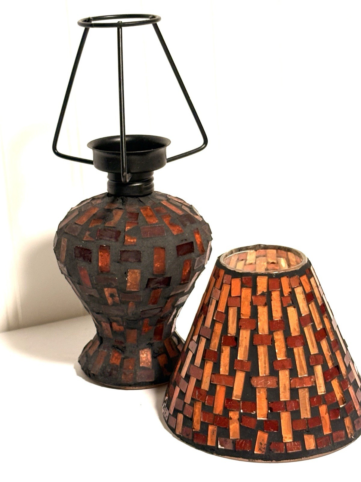 Handcrafted Stained Glass Mosaic Lamp Tea Light Candle Holder Amber Glass 8.5”
