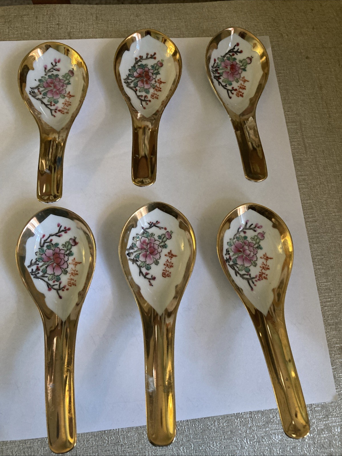 6 Vintage Chinese porcelain Multicolored Flowers 5.5” spoons with Gold Rims
