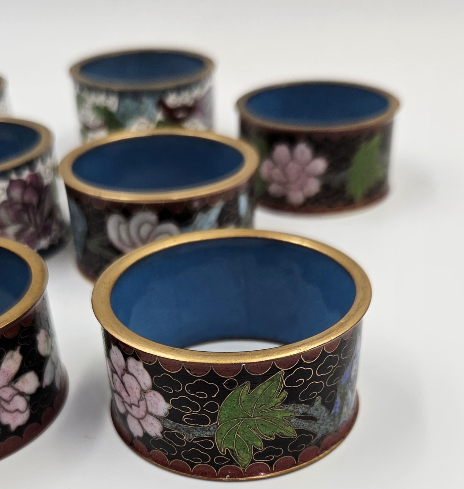 8 Vintage Chinese Cloisonne Napkin Ring Multicolored Enameled