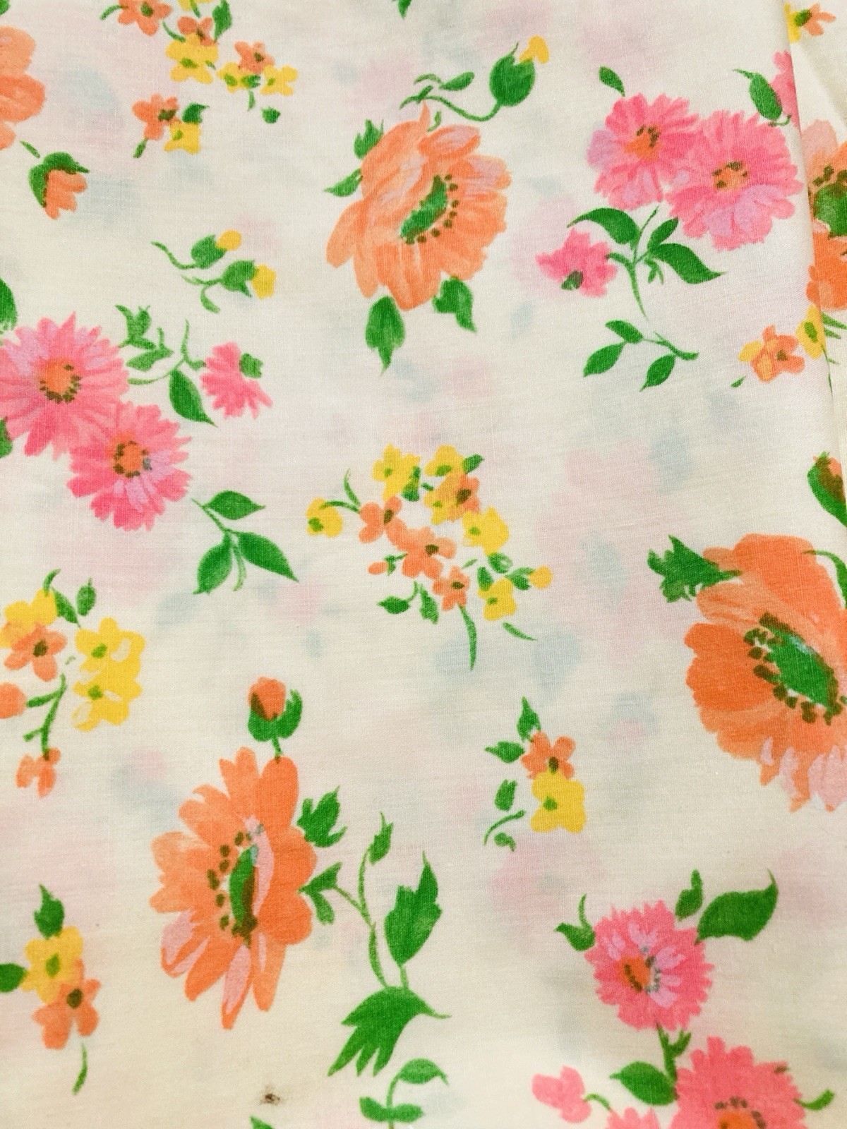 Vintage Cotton Fabric Cheerful Orange Pink Flowers on Pale Yellow 3.8Y x 44″ W