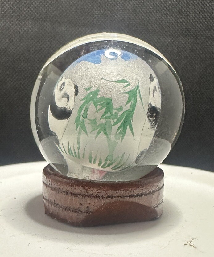 Vintage Mini Beautiful Panda Bear Sphere Globe Wood Base Chinese Reverse Painted