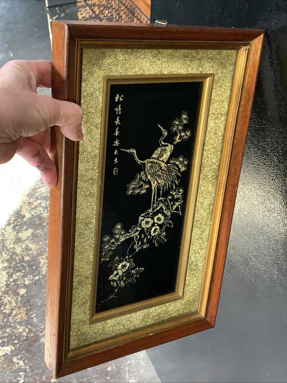 Vtg Asian Crane Birds Mother of Pearl & Abalone Shell Art Wood Framed 14.5”x8.75
