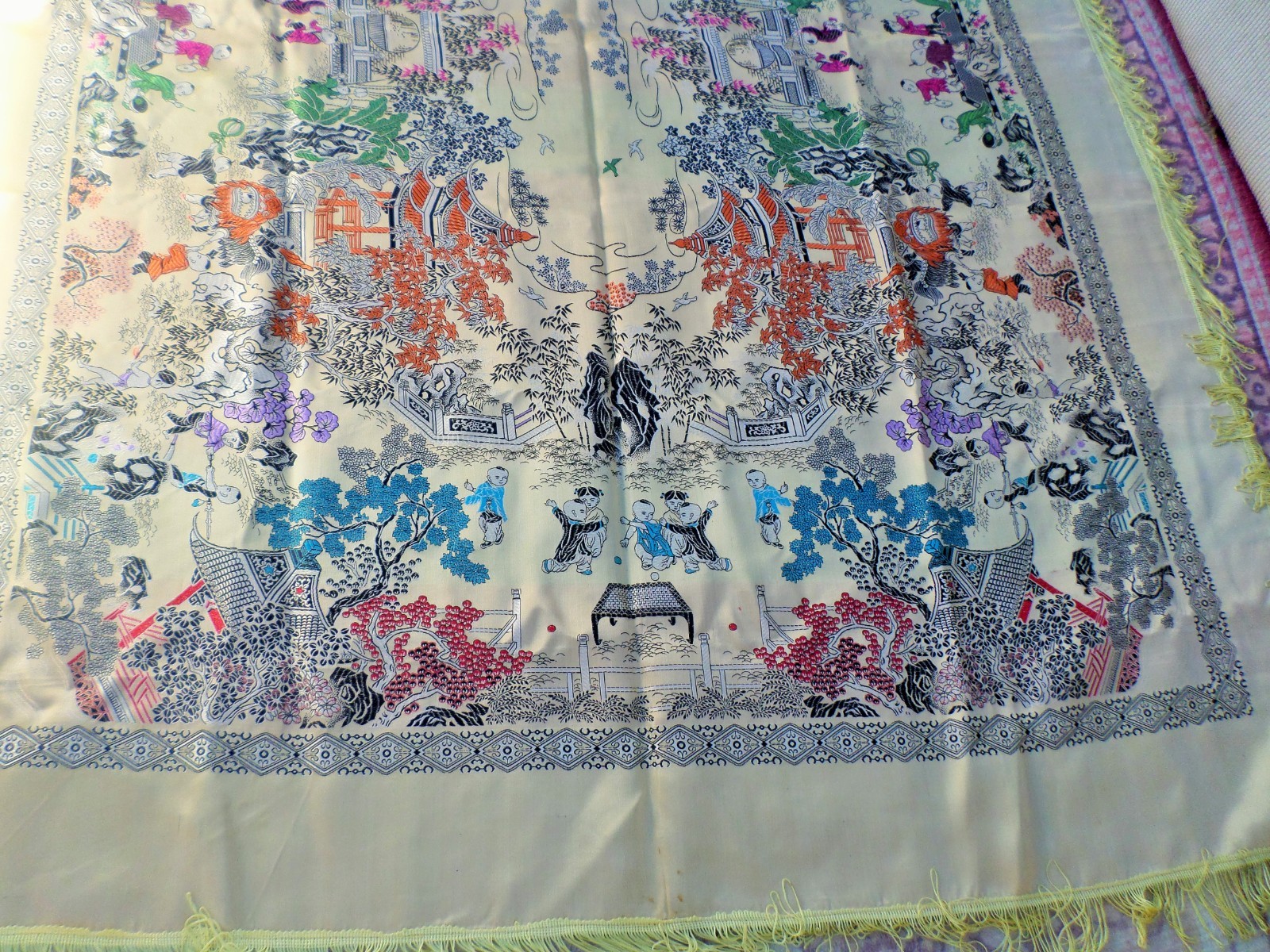 VTG CHINESE SILK BROCADE TABLECLOTH PIANO SCARF ASIAN VILLAGE CELEBRATION 74X56