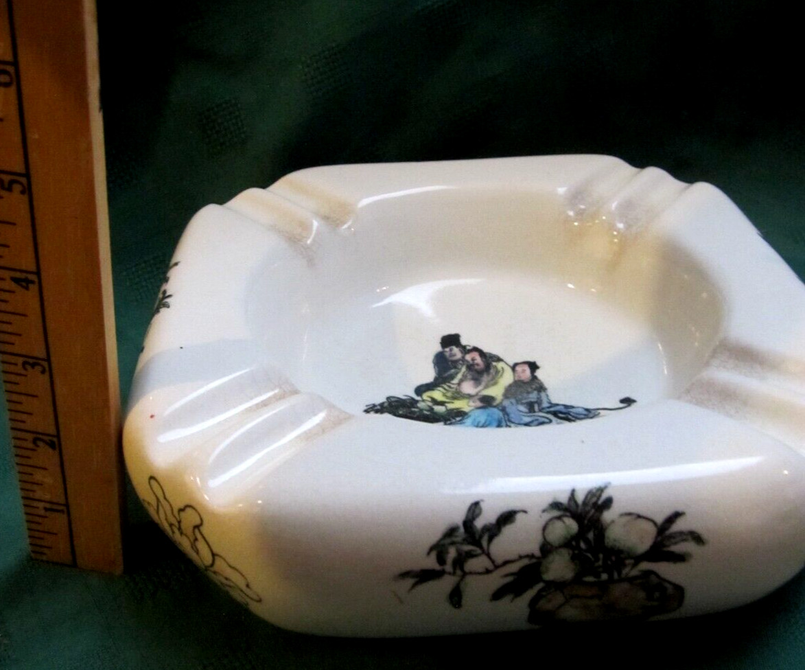 VINTAGE ASHTRAY RARE ASIAN CHINESE LARGE HEAVY POTERY MEN & WOMAN w/FLOWERS