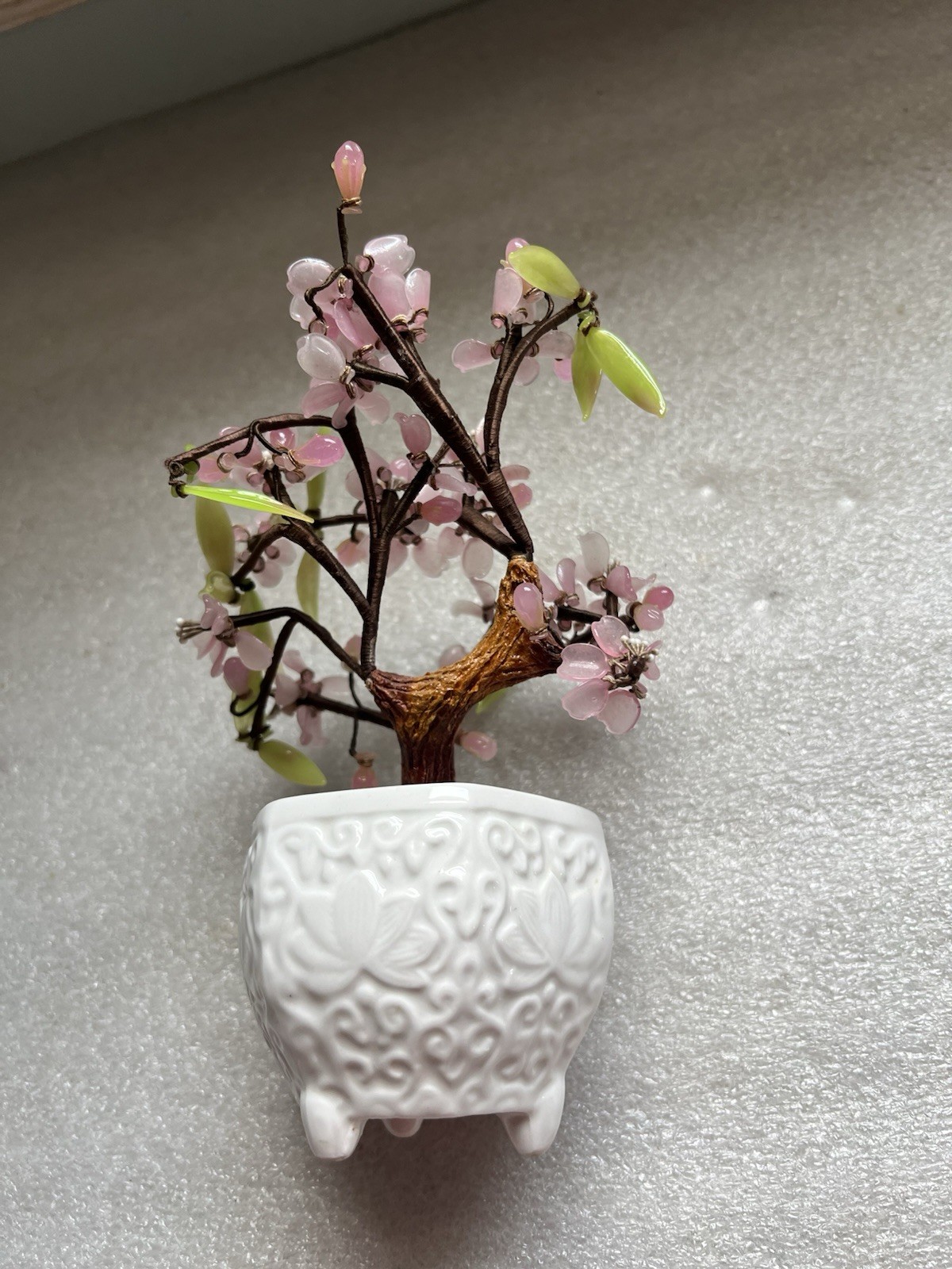 Vintage Jade Glass Bonsai Tree Pink Flowers in Celadon Pot 7.5 x 5”