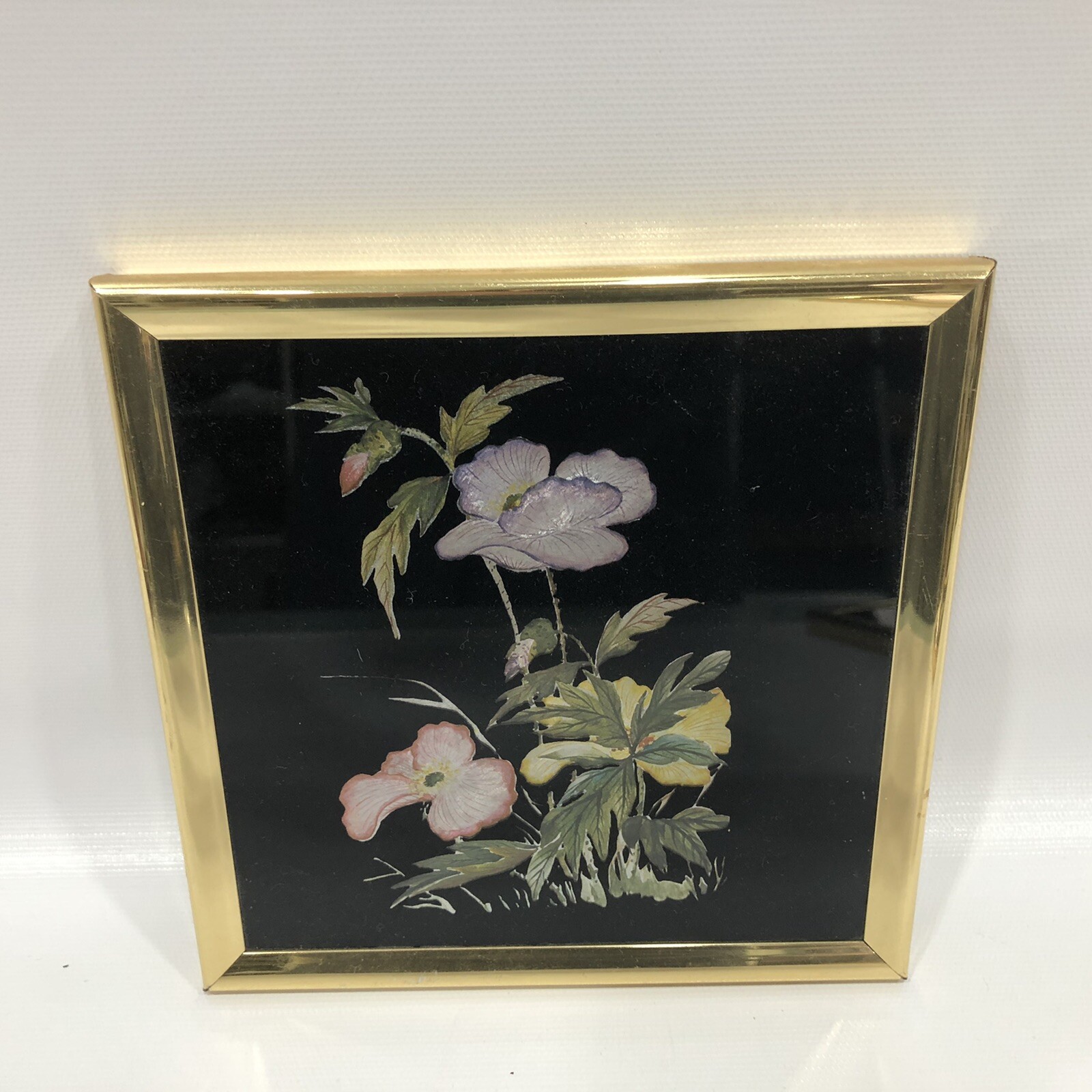 Pink Yellow Flowers Silk Art on Black Background Gold Tone Frame 5 1/2” x 5 1/2”