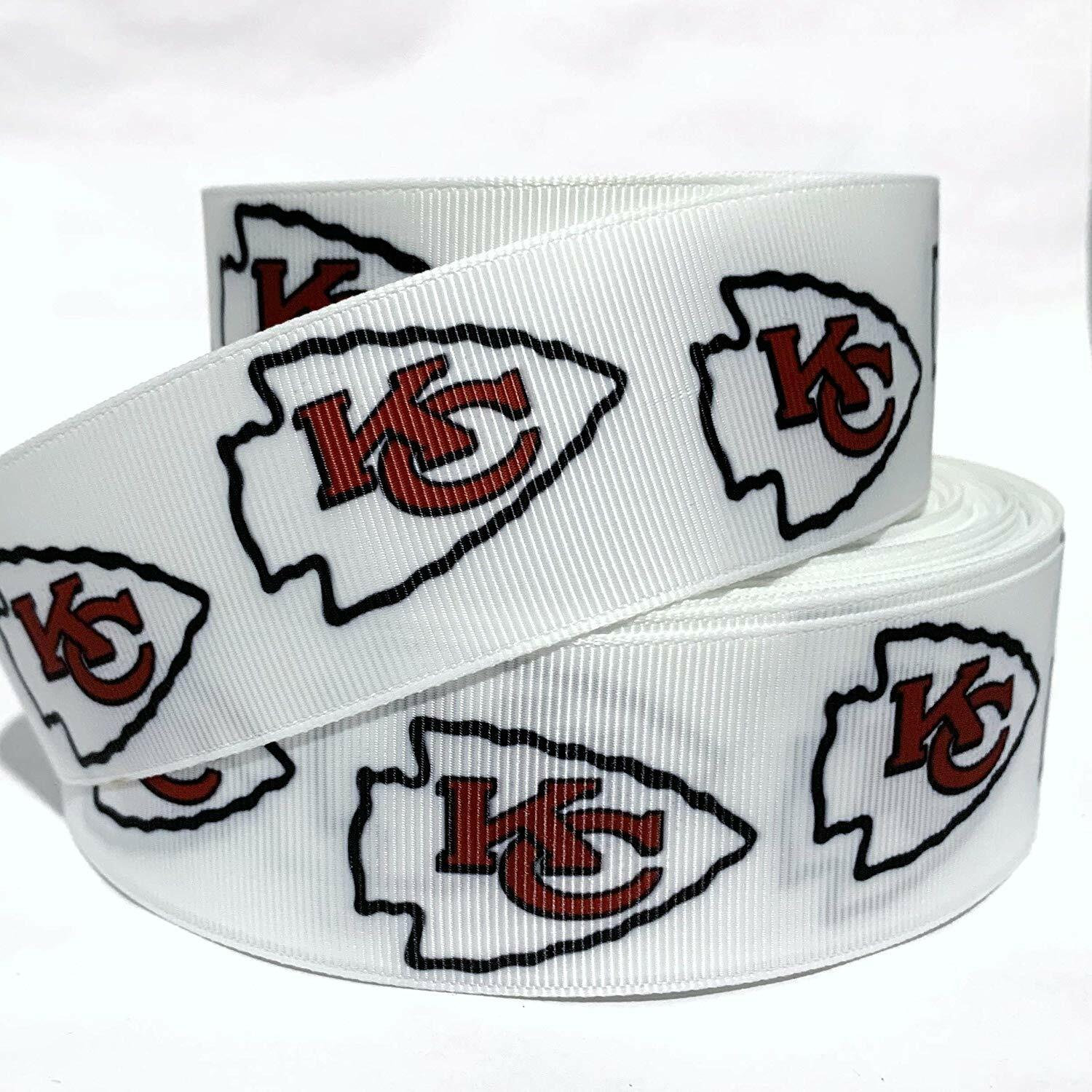GROSGRAIN RIBBON 5/8″, 7/8″,1.5″, 3″ KC Sports Team Football White Printed