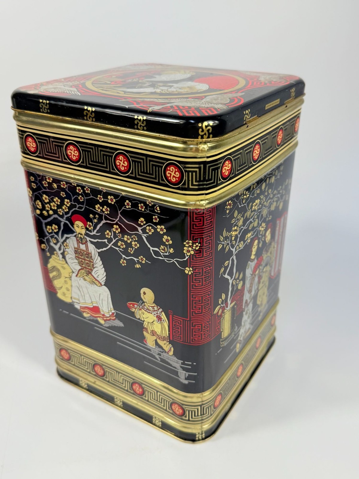 English Tea Tin Caddy Vintage 1970s Chinese Hinged Lid Black Red Gold Cranes Asi