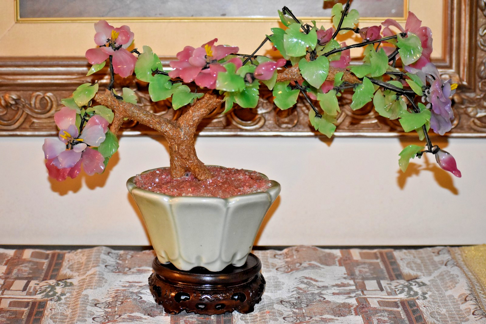 16″ VINTAGE BONSAI PEONY PEKING GLASS/JADE TREE IN OCTAGON CELADON BOWL W/BASE
