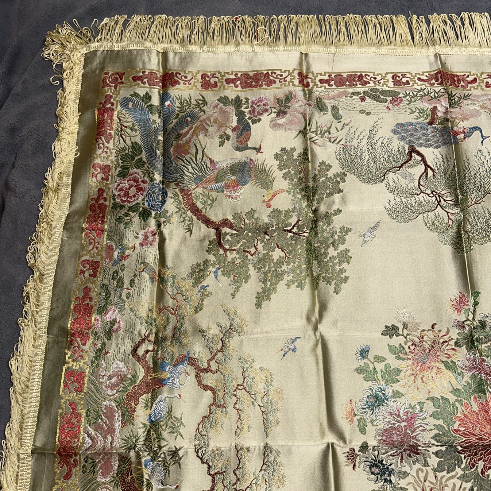 Vintage Brocaded Flowers Tablecloth Dujinsheng Silk Weave Fringe Peacock Crane