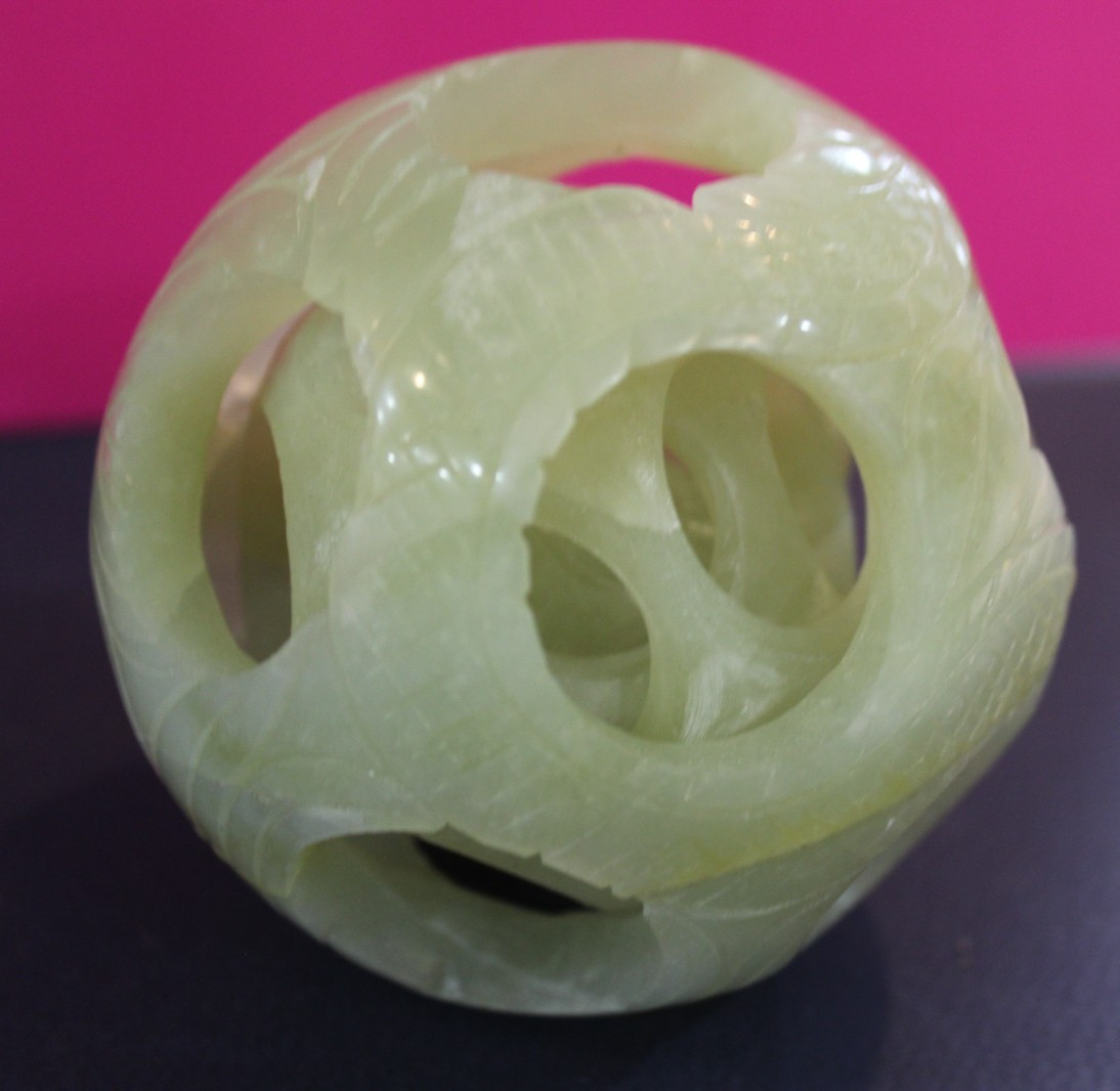 Vintage Chinese Hand Carved Jade Stone Puzzle Ball Sphere 3-Layer Sculpture 3″