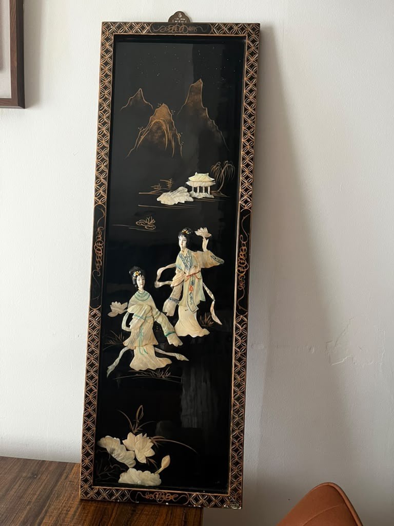 Vintage Asian Black Lacquer Mother of Pearl Wall Art – 12” X 36”