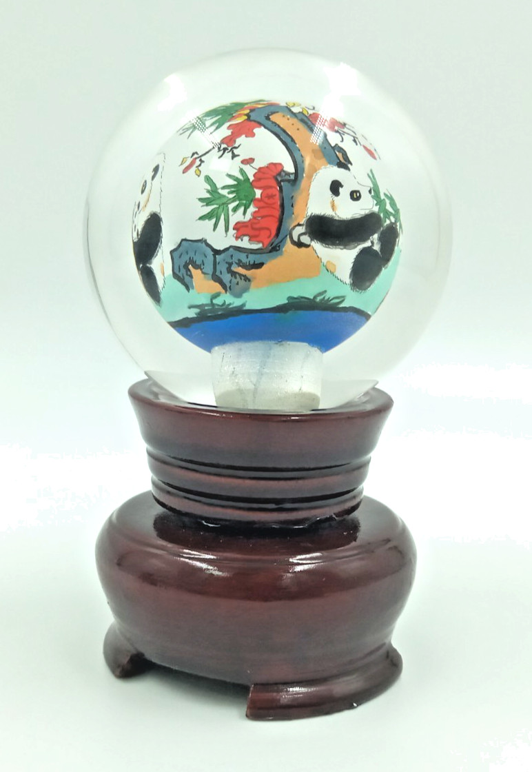 Vintage Reverse Chinese Glass Ball Pandas Paperweight Hand Painted With Stand