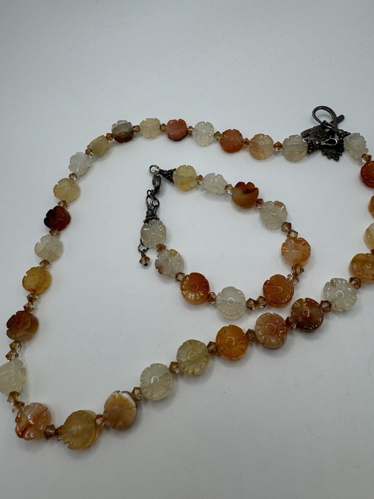 Antiqued Chinese? Carved Carnelian Agate Floral STERLING mar Set Choker Bracelet