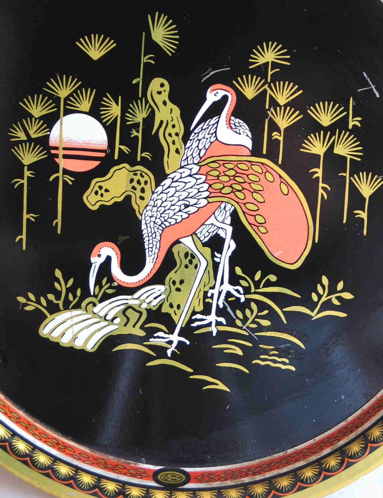 Asian Design Vintage METAL Tray 12.75″ Peacocks Gold Orange Blk White FREE SH