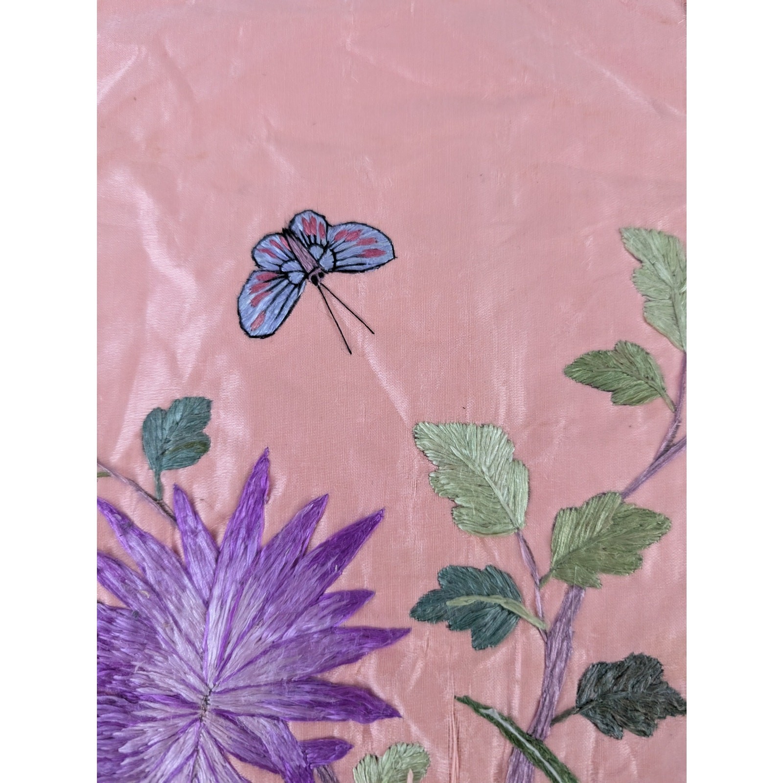 Vintage Chinese Hand Embroidered Floral & Butterfly Silk Textile 23x18in