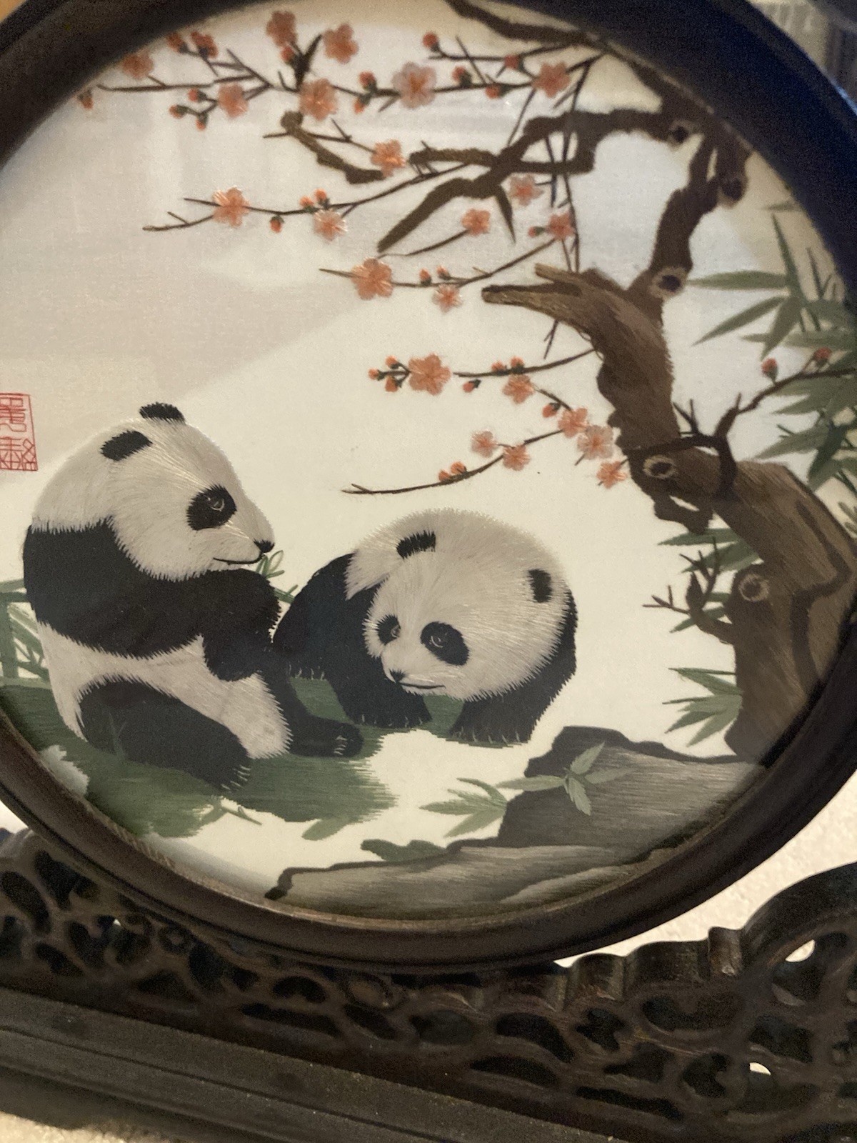 Chinese Double-Sided Silk Embroidery Panda Art Revolving Wood Round Stand 11×10