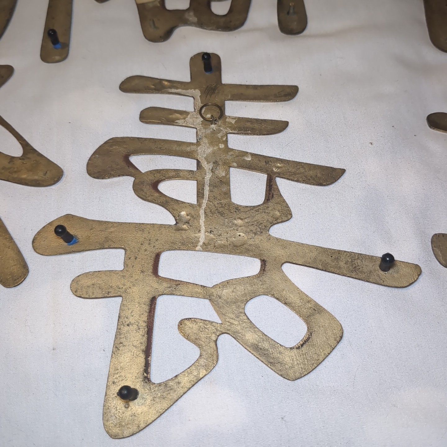 6x Vintage Brass Chinese Japanese Symbols Wall Hanging Trivets Solid Brass 11″