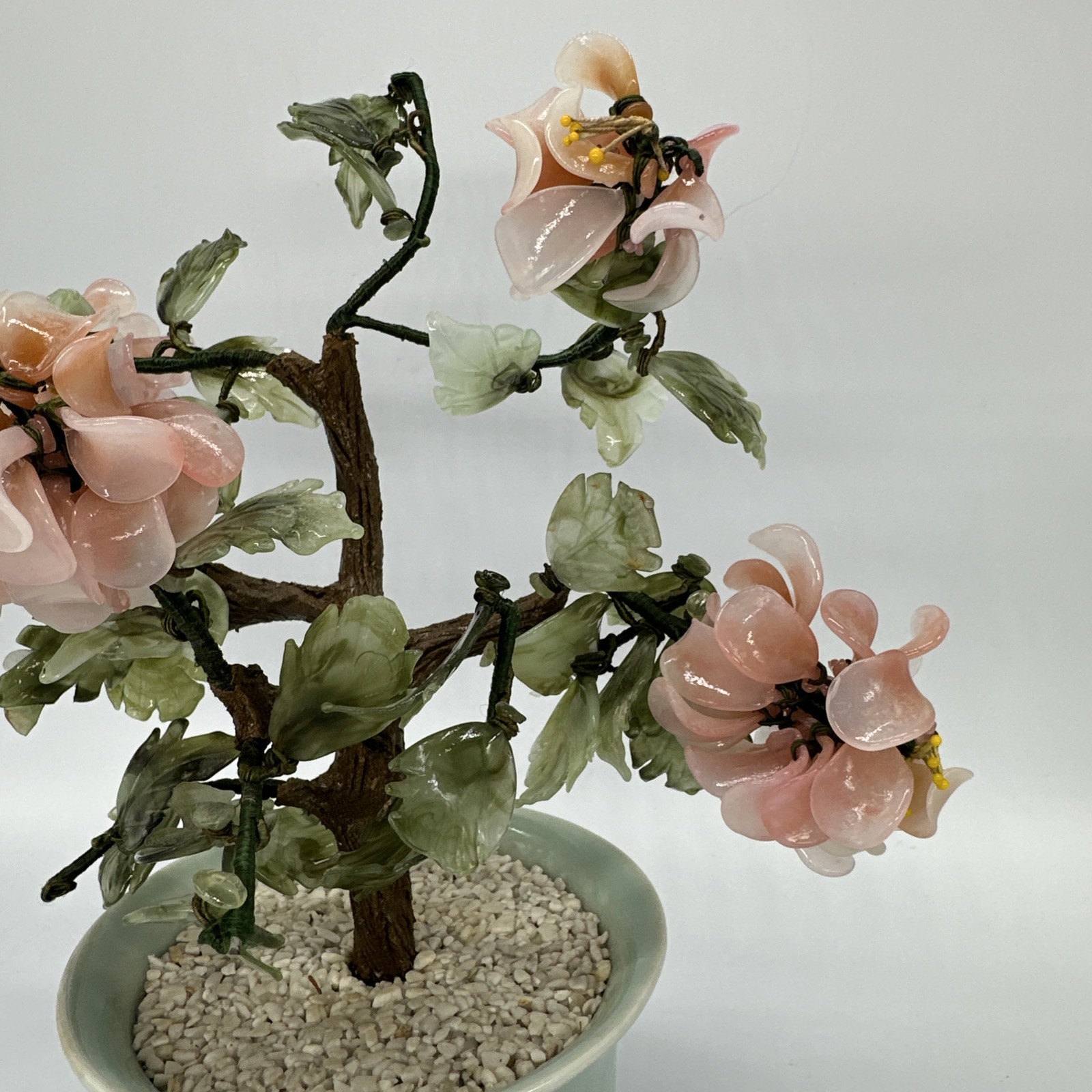 Vtg Chinese Jade Glass Cherry Blossom Bonsai Tree Pink Flower Celadon Pot 11×9.5