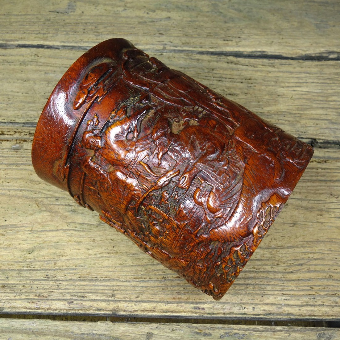 Vintage Rosewood Brush Pot, Hand-Carved Eight Immortals, 14.5cm