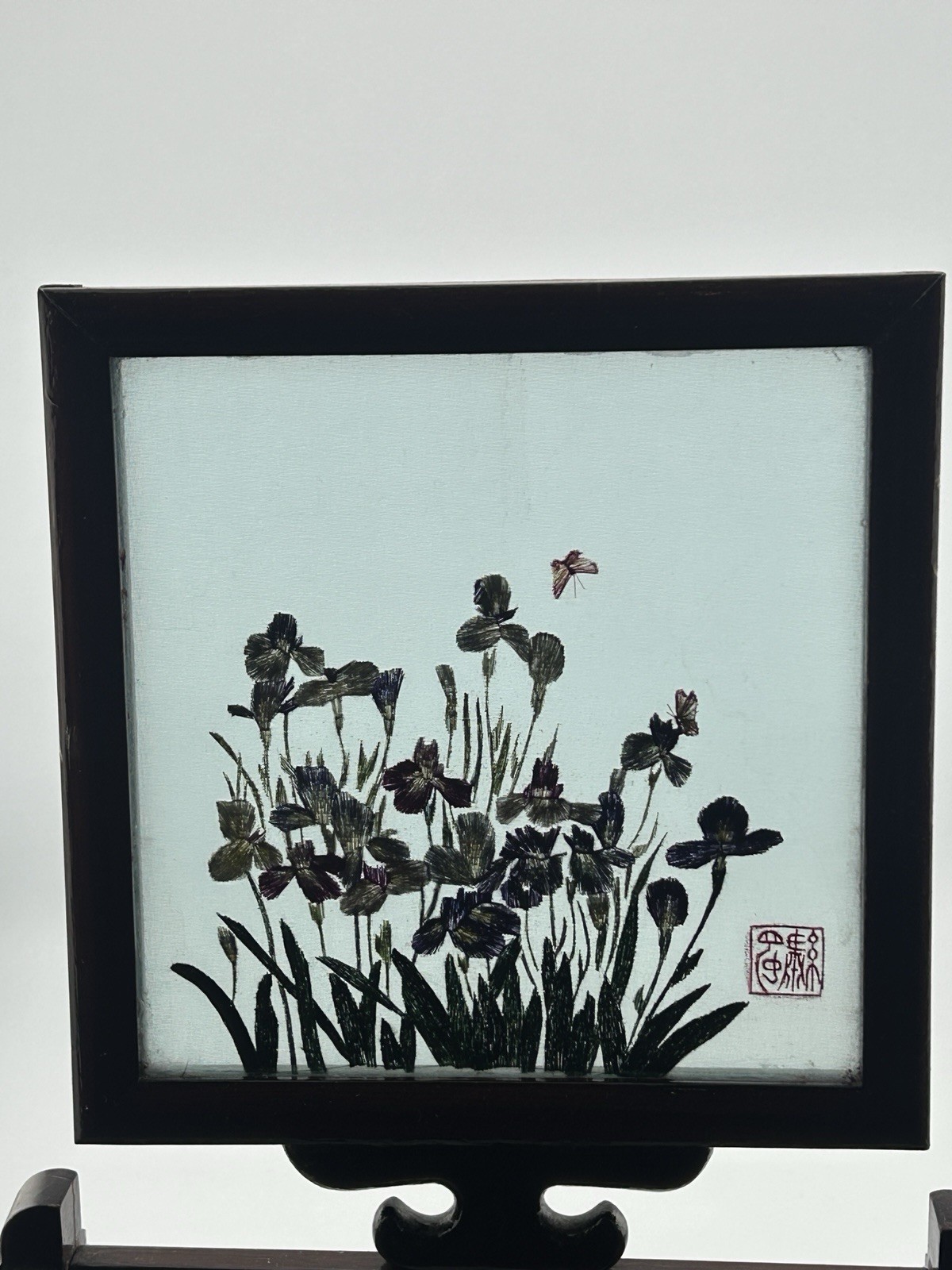 Vintage Chinese Suzhou Silk Embroidery Under Glass Table Screen Floral 1950s