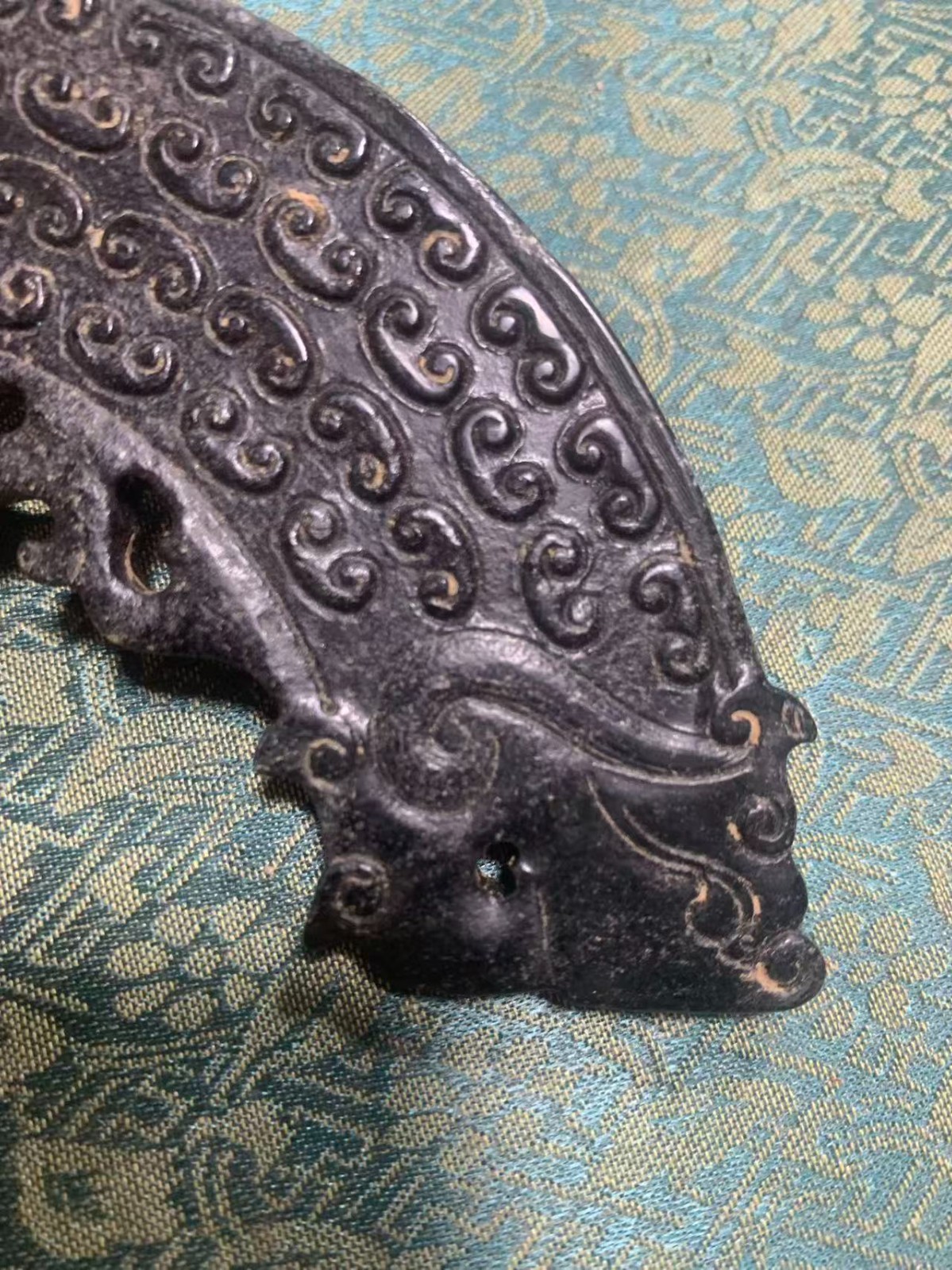 Large Chinese Old Black Jade Hand Carved *Han 2Dragons* 2Faces Huang Plaque